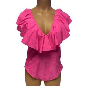 Trina Turks $162‎ Pink Ruffle-Front One-Piece Swimsuit Tie-Back Design 12 NWT